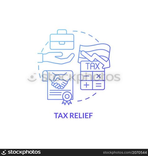 Tax relief blue gradient concept icon. Business incentive in India abstract idea thin line illustration. Tax exemption. Isolated outline drawing. Roboto-Medium, Myriad Pro-Bold fonts used. Tax relief blue gradient concept icon