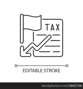 Tax relief linear icon. Small business incentives. Policy from government to reduce tax payment. Thin line customizable illustration. Contour symbol. Vector isolated outline drawing. Editable stroke. Tax relief linear icon