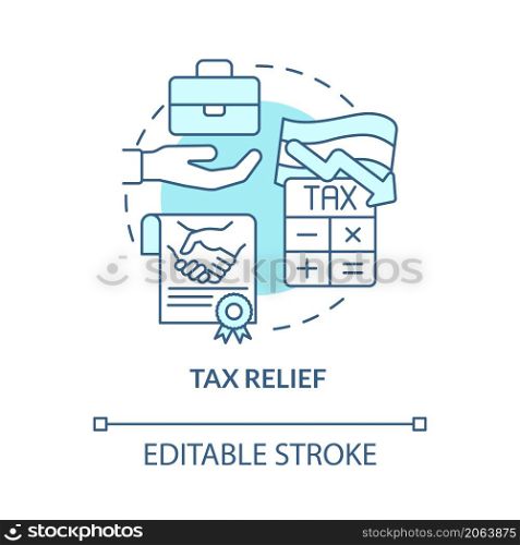 Tax relief turquoise concept icon. Government program abstract idea thin line illustration. Reducing tax rates. Isolated outline drawing. Editable stroke. Roboto-Medium, Myriad Pro-Bold fonts used. Tax relief turquoise concept icon