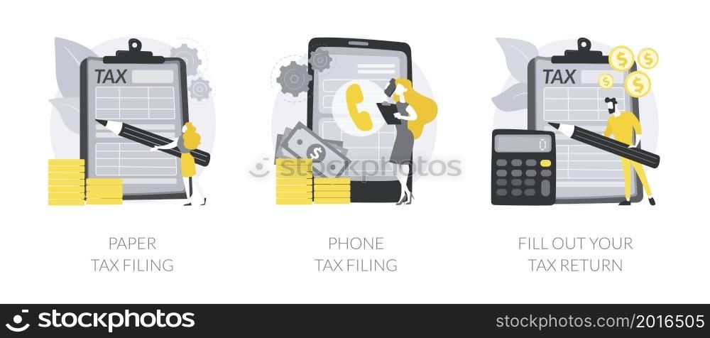 Tax return deadline abstract concept vector illustration set. Paper or phone tax filing, fill out your tax return, financial report, money refund, business profit, budget planning abstract metaphor.. Tax return deadline abstract concept vector illustrations.