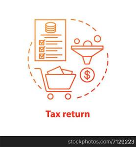 Tax return red concept icon. Earned income calculation idea thin line illustration. Filling in banking form. Finance audit. Revenue tax documentation. Vector isolated outline drawing