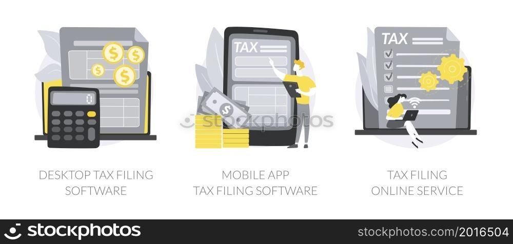 Tax software program abstract concept vector illustration set. Desktop tax filing software, mobile app and online service, income statement, IRS form, gather paperwork abstract metaphor.. Tax software program abstract concept vector illustrations.