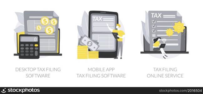 Tax software program abstract concept vector illustration set. Desktop tax filing software, mobile app and online service, income statement, IRS form, gather paperwork abstract metaphor.. Tax software program abstract concept vector illustrations.