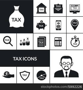 Tax Symbols Black Icons Composition Banner . Income and estate taxes black icons composition poster with government official and money saving symbols abstract vector illustration