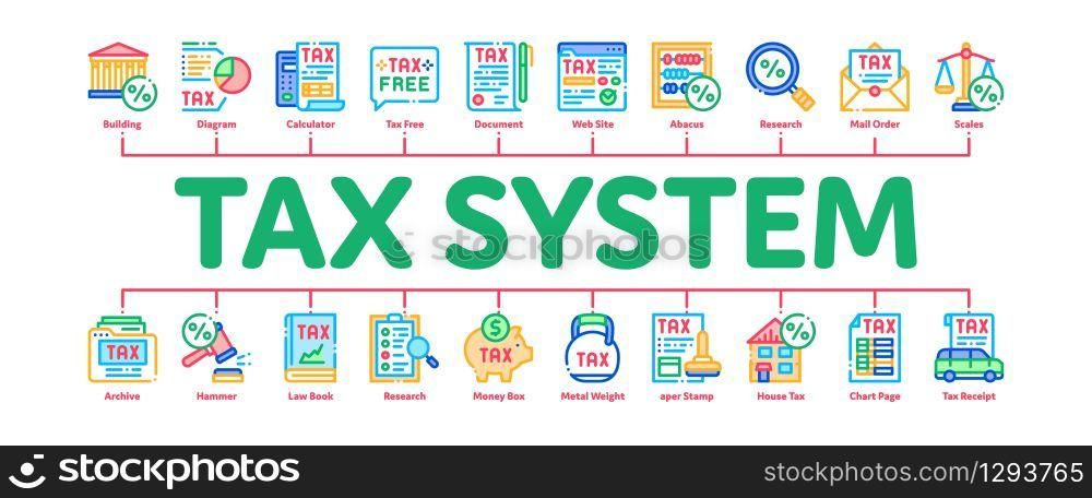 Tax System Finance Minimal Infographic Web Banner Vector. Tax System Building And Car, Document And Mail Notice, Abacus And Scales Illustrations. Tax System Finance Minimal Infographic Banner Vector