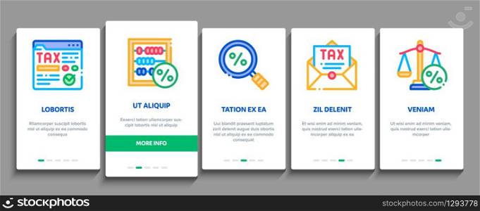 Tax System Finance Onboarding Mobile App Page Screen Vector. Tax System Building And Car, Document And Mail Notice, Abacus And Scales Color Contour Illustrations. Tax System Finance Onboarding Elements Icons Set Vector