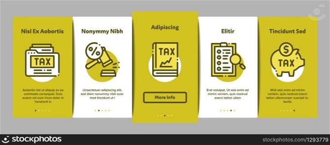 Tax System Finance Onboarding Mobile App Page Screen Vector. Tax System Building And Car, Document And Mail Notice, Abacus And Scales Color Contour Illustrations. Tax System Finance Onboarding Elements Icons Set Vector