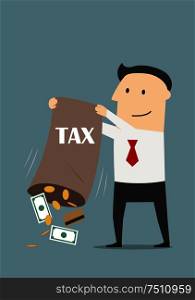 Tax time concept theme. Vector. Satisfied businessman taxpayer pouring out from a bag of collected taxes a credit cards, money bills and coins
