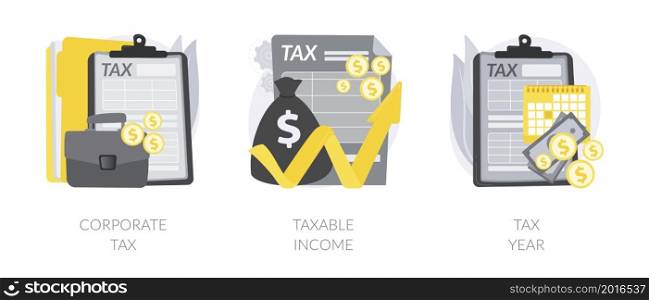 Taxable earnings calculation abstract concept vector illustration set. Corporate tax, taxable income, fiscal year, annual return, document preparation, divided deduction, accountant abstract metaphor.. Taxable earnings calculation abstract concept vector illustrations.