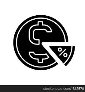 Taxation black glyph icon. Return of investment. Interest rate on pie chart. Financial literacy. Understanding finance and economy. Silhouette symbol on white space. Vector isolated illustration. Taxation black glyph icon