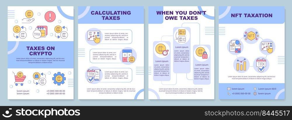Taxation for cryptocurrency blue brochure template. Leaflet design with linear icons. Editable 4 vector layouts for presentation, annual reports. Arial-Black, Myriad Pro-Regular fonts used. Taxation for cryptocurrency blue brochure template