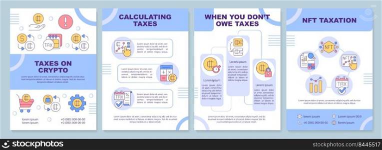 Taxation for cryptocurrency blue brochure template. Leaflet design with linear icons. Editable 4 vector layouts for presentation, annual reports. Arial-Black, Myriad Pro-Regular fonts used. Taxation for cryptocurrency blue brochure template