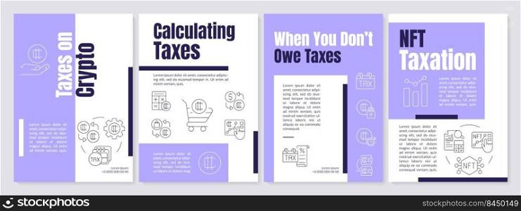 Taxation for cryptocurrency transactions purple brochure template. Leaflet design with linear icons. Editable 4 vector layouts for presentation, annual reports. Anton, Lato-Regular fonts used. Taxation for cryptocurrency transactions purple brochure template