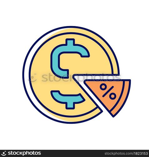 Taxation RGB color icon. Return of investment. Interest rate on pie chart. Financial literacy. Understanding finance and economy. Isolated vector illustration. Simple filled line drawing. Taxation RGB color icon