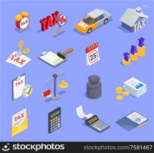 Taxes accounting isometric icons collection with sixteen isolated images of paperwork private property documents and money vector illustration