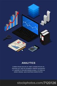 Taxes analytics banner vertical. Isometric illustration of vector taxes analytics banner vertical for web design. Taxes analytics banner vertical, isometric style