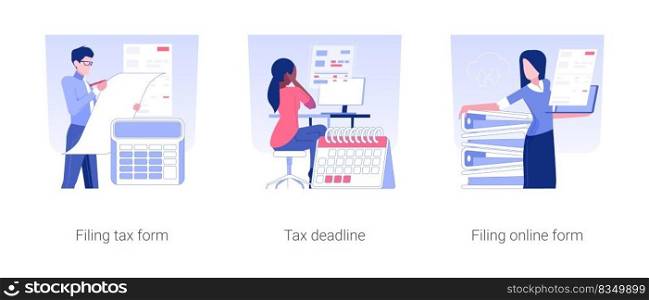 Taxes and personal finance isolated concept vector illustration set. Filing tax form, fiscal year deadline, filing online form, budget accounting, electronic financial report vector cartoon.. Taxes and personal finance isolated concept vector illustrations.