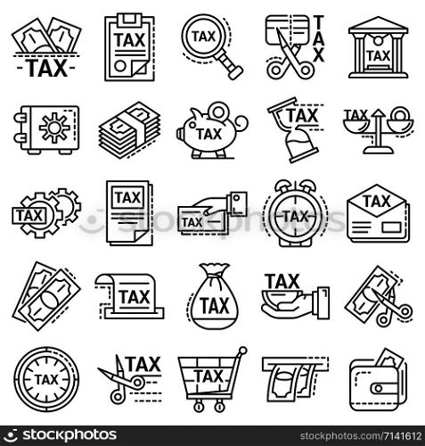 Taxes icon set. Outline set of taxes vector icons for web design isolated on white background. Taxes icon set, outline style