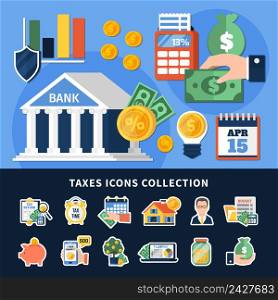 Taxes icons collection with budget planning, duty calculation, document forms, money, computer technologies isolated vector illustration. Taxes Icons Collection
