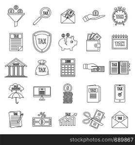Taxes icons set. Outline illustration of 25 taxes vector icons for web. Taxes icons set, outline style
