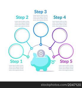 Taxes payment and finance infographic chart design template. Abstract infochart with copy space. Instructional graphics with 5 step sequence. Visual data presentation. Lato, Arial fonts used. Taxes payment and finance infographic chart design template