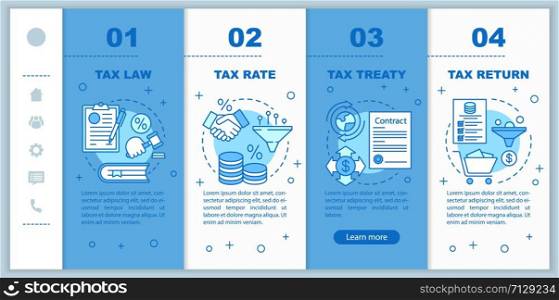 Taxes system onboarding mobile web pages vector template. Tax law, treaty. Responsive smartphone website interface idea with linear illustrations. Webpage walkthrough step screens. Color concept