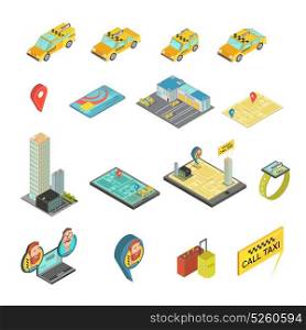 Taxi And Gadgets Isometric Set. Taxi and gadgets isometric set including cars, houses, payment card, map, smart watch, baggage isolated vector illustration