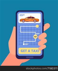 Taxi app concept. Hand holding smartphone with taxi application vector illustration. App mobile taxi service, online travel cab. Taxi app concept. Hand holding smartphone with taxi application vector illustration
