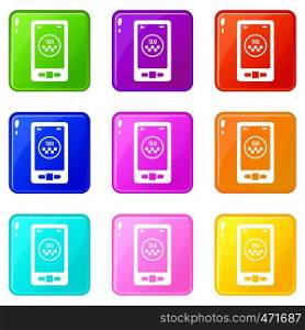 Taxi app in phone icons of 9 color set isolated vector illustration. Taxi app in phone icons 9 set