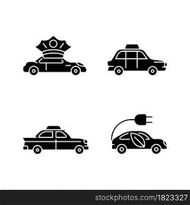 Taxi booking black glyph icons set on white space. Chauffeur hire. Hackney carriage. Vintage looking vehicle. Driving car on electric power. Silhouette symbols. Vector isolated illustration. Taxi booking black glyph icons set on white space