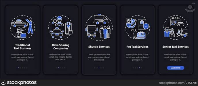 Taxi business types night theme onboarding mobile app screen. Shipment walkthrough 5 steps graphic instructions pages with linear concepts. UI, UX, GUI template. Myriad Pro-Bold, Regular fonts used. Taxi business types night theme onboarding mobile app screen