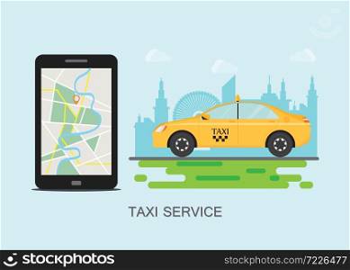 Taxi cab and mobile phone with map on city background, taxi service concept, flat style illustration.