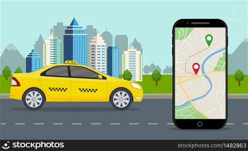 Taxi cab with mobile app. Taxi service with online map on phone, city background. Smartphone application with location ride on street. Yellow car on road by order of passenger. Flat design vector. Taxi cab with mobile app. Taxi service with online map on phone, city background. Smartphone application with location ride on street. Yellow car on road by order of passenger. Flat design vector.