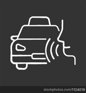 Taxi call chalk icon. Transport search voice command idea. Sound control, audio order, conversation. Smart virtual assistant. Car delivery service. Loud speak. Isolated vector chalkboard illustration
