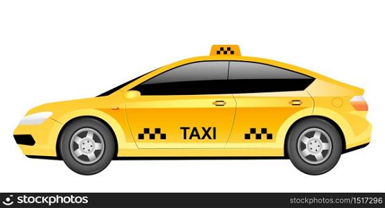 Taxi car cartoon vector illustration. Traditional yellow cab flat color object. City travel service vehicle isolated on white background. Urban public transport. Modern sedan side view