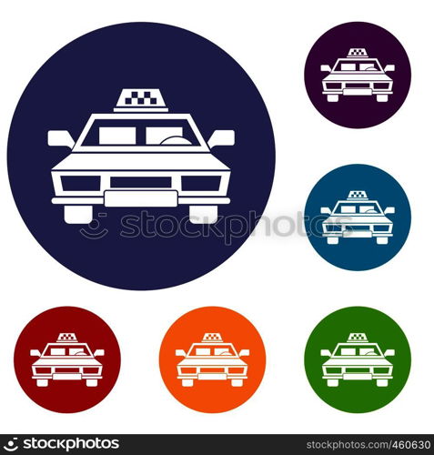 Taxi car icons set in flat circle reb, blue and green color for web. Taxi car icons set