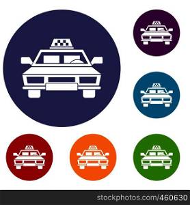 Taxi car icons set in flat circle reb, blue and green color for web. Taxi car icons set