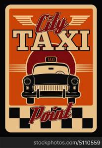 Taxi car retro poster for transportation service design. Yellow cab, vintage car of public transport old grunge banner, adorned with checkered pattern and wing for taxi service advertising design. Taxi car or yellow cab retro poster for transport