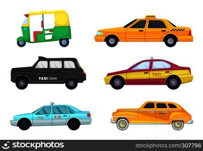Taxi cars in different cities. Transport for fast traveling. Vector illustrations set of retro and modern taxi cars. Taxi cars in different cities. Transport for fast traveling. Vector illustrations set