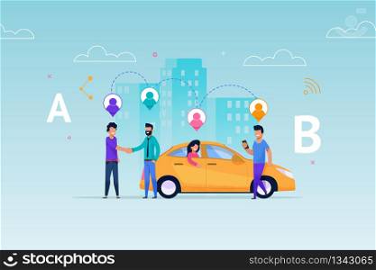 Taxi Carsharing Ride Service. Transport Rent Allocation Layout. Vehicle Pick Up People according Geolocation on Route. Man Client Meet Auto with Girl. Transportation Economy Information.. Taxi Carsharing Service. Transport Rent Allocation