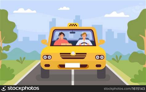 Taxi driver and client. Man drive car and passenger with smartphone. Front view cab in city landscape. Flat cartoon taxi app vector concept. Auto taxi driver and passenger drive in cab illustration. Taxi driver and client. Man drive car and passenger with smartphone. Front view cab in city landscape. Flat cartoon taxi app vector concept
