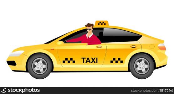 Taxi driver in car flat color vector faceless character. Smiling man sitting in yellow sedan isolated cartoon illustration for web graphic design and animation. Cab delivery service