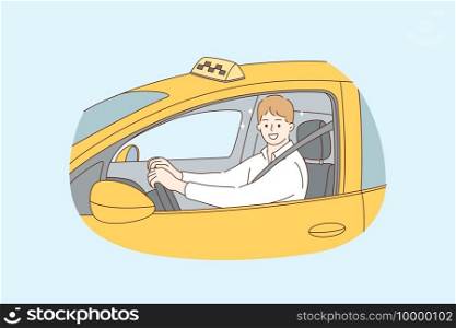 Taxi driver profession during work concept. Young smiling handsome man taxi driver sitting in yellow car and looking from window during job vector illustration . Taxi driver profession during work concept