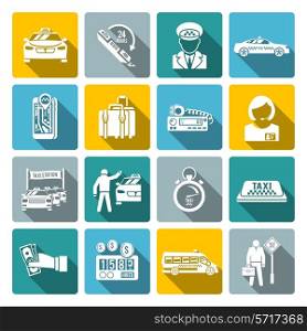 Taxi driver transportation car service drive and payment white long shadow icons set isolated vector illustration