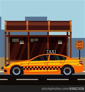 Taxi flat poster - taxi car on taxi stop. Vector illustration. Taxi flat poster - taxi car on taxi stop