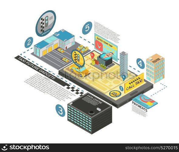 Taxi Future Gadgets Isometric Infographics. Taxi future gadgets isometric infographics with information about stages of service by digital technologies 3d vector illustration