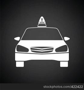 Taxi icon front view. Black background with white. Vector illustration.