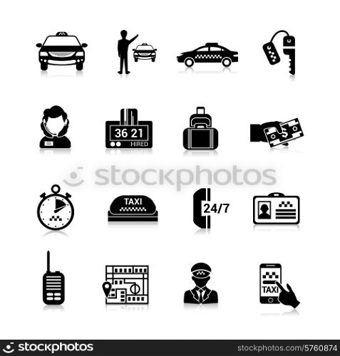 Taxi icons black set with luggage order driver license isolated vector illustration. Taxi Icons Black