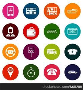 Taxi icons many colors set isolated on white for digital marketing. Taxi icons many colors set