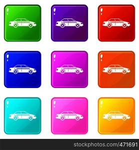 Taxi icons of 9 color set isolated vector illustration. Taxi icons 9 set